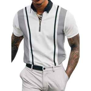 Polo en tricot à manches courtes pour homme, style décontracté chic, à blocs de couleur et rayures, avec fermeture éclair, blanc, gris, noir - Product Image 1