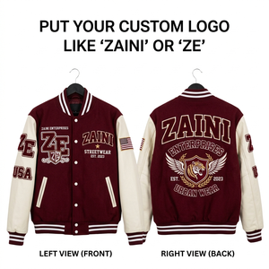 <b>Mens</b> Varsity <b>Jacket</b> 450 GSM Wool Blend Body 320 GSM Faux <b>Leather</b> Sleeves Maroon Cream Custom Chenille Embroidery - Product Image 1