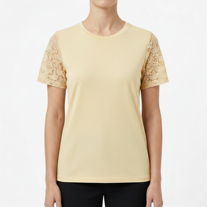 Customized <b>Top</b> Women's Cream Lace Sleeve Short Sleeve T-Shirt Crew Neck Casual Knitted <b>Top</b> Spring Summer Breathable Regular Fit - Product Image 1