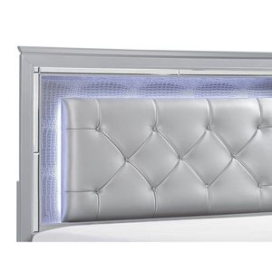 Silver Finish Queen Size <b>Bed</b> with Upholstered Button Tufted <b>LED</b> Headboard Faux Alligator Embossed Wood Panels Wooden <b>Bed</b> - Product Image 5
