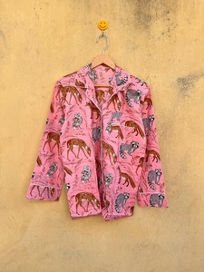 Women Pink Printed <b>Animal</b> <b>Pattern</b> Cotton Pajama Set Long Sleeve Full Length Turn-down Collar Elastic Waist Sleepwear - Product Image 2