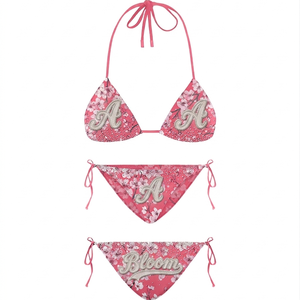 Premium 220 GSM Nylon Spandex <b>Bikini</b> <b>Set</b> <b>Pink</b> Purple Gradient Contrast Panel Tie Side Custom Heat Transfer Logo Women <b>Bikini</b> <b>Set</b> - Product Image 2