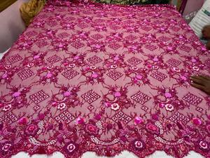 Tela de encaje rosa con cuentas y lentejuelas bordadas, malla de tul para vestido de novia, prenda de fiesta, ribete de encaje francés con patrón de diamantes - Product Image 5