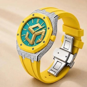 Reloj de Cuarzo Octagonal Unisex de Lujo con Bisel de Diamantes y Correa de Silicona Amarilla, Esfera Analógica - Product Image 4