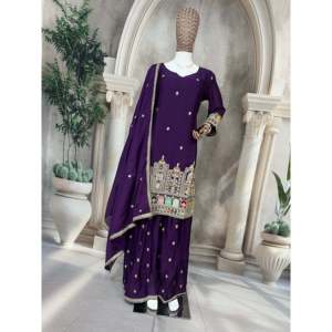 Ensemble de costume en mousseline de soie XL pour occasions spéciales avec broderie de sequins multi-aiguilles - Product Image 4