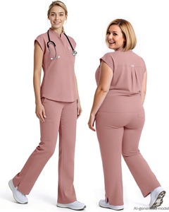 Ensemble de tenue médicale pour femmes, hauts à manches courtes col en V, pantalon de jogging avec poches, uniforme d'infirmière extensible, vêtements de travail d'hôpital, polyester peigné - Product Image 3