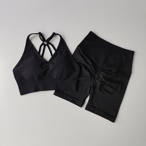 Women Yoga Set V Neck Sports <b>Bra</b> High Waist Shorts Ruched Butt Belt Elastic Waist Solid Moisture Wicking 2 Piece <b>Blue</b> Workout - Product Image 2