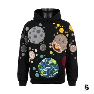 Men's <b>Black</b> Hooded <b>Fleece</b> Sweatshirt Applique Planet Patchwork Casual Streetwear Regular Fit Winter Breathable Eco-Friendly - Product Image 1