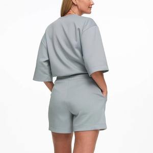 Conjunto de Camiseta Corta y Pantalones Cortos de Felpa 100% Algodón, Hecho en Fábrica, con Bolsillos Laterales, Hombros Caídos, Manga Corta, Corte Regular, Estilo Urbano para Mujer - Product Image 4