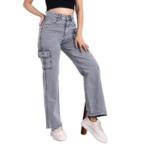 Jean cargo gris taille haute pour femme, coupe large et ample, multi-poches, décontracté, en coton - Product Image 4