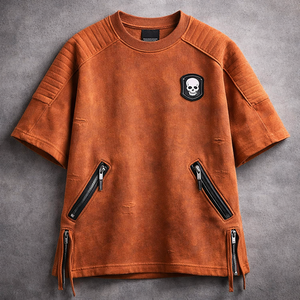 เสื้อยืดผู้ชายทรงสปอร์ตแบบ Biker ซิปหน้า ผ้าแคนวาสคอตตอน 100% ย้อมเส้นด้าย หนา ทนทาน เป็นมิตรต่อสิ่งแวดล้อม ระบายอากาศด้านหน้า ทรงหลวมไหล่ตก - Product Image 2