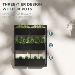 Fioriera da Parete in Metallo Zincato con 6 Vasi, Design a 3 Livelli, Nera, Migliora lo Spazio del Giardino per Fiori e Verdure, Misura Media - Product Image 5