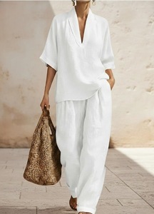 Ensemble Coordonné 2 Pièces Tendance Femme 2026 en Lin : Haut Minimaliste Col V et Pantalon Large – Tenue Décontractée d'Été pour Vacances, Imperméable - Product Image 3