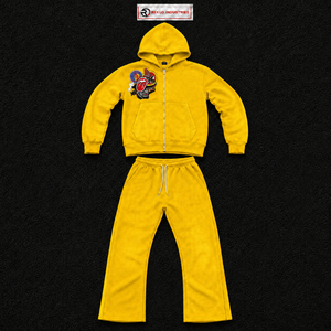 Conjunto Deportivo Amarillo con Capucha, Cierre Completo, Diseño de Personajes Bordados, Unisex, Informal, para Otoño, 100% Algodón, Corte Holgado, Estilo Hip Hop - Product Image 5