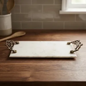 Rectangular Marble Storage Tray With Bronze Coral Handles <b>Rustic</b> Design Tabletop Accessory For Living Room - Product Image 2