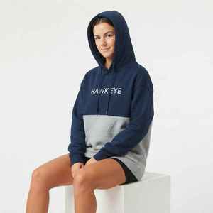 <b>Women's</b> Color Block <b>Hoodie</b> <b>Navy</b> Gray Letter Print Drop Shoulder Fleece Pullover Sweatshirt - Product Image 5