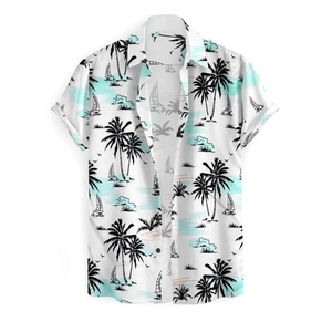 Camisa Hawaiana para Hombre, Manga Corta con Botones, Estampado de Palmeras y Veleros, Blanco y Verde Menta - Product Image 1