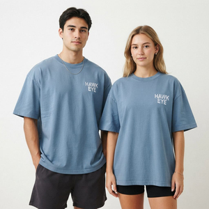 เสื้อยืดโอเวอร์ไซส์สีน้ำเงินสเลท ดีไซน์หรูหรา คุณภาพสูง สำหรับผู้หญิงและผู้ชาย คอกลม แขนสั้น ไหล่ตก สวมใส่สบายๆ - Product Image 5