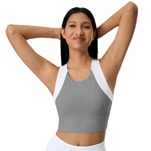 Sujetador deportivo tipo racerback azul claro para mujer con cuello blanco, soporte medio, transpirable, diseño de top de yoga - Product Image 6