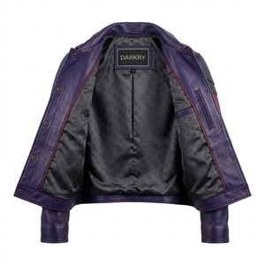 Genuine Real Leather Jacket <b>Womens</b> Purple Burgundy Colorblock Biker <b>Coat</b> Snap Button Turndown Collar Streetwear Outerwear - Product Image 5