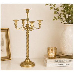 Classic Gold Metal Candelabra 5 Arm Taper Candle Holder Antique Brass Candlestick Stand for Wedding Table Centerpiece Wholesale - Product Image 4
