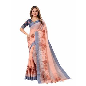 DISEÑADOR LINO IMPRESO DIGITAL PLATA BOREDR SAREE CON BLUSA DESCOSADA MELOCOTÓN - Product Image 1