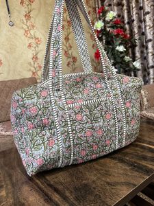 Hand Block Printed Cotton Duffel <b>Bag</b> Handmade Travel Tote Weekender Zipper Eco Friendly Quilted <b>Large</b> Capacity High Quality - Product Image 4