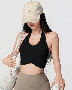 Women Backless Halter Sports Bra Front Gathered Knot Gym <b>Crop</b> <b>Top</b> Moisture Wicking Padded Running Athleisure Bralette - Product Image 1