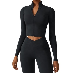 Black 2 Piece Yoga Set <b>Crop</b> Top High Waist <b>Leggings</b> Full Sleeve Zipper Front Seamless Spandex Polyester Sweat Wicking - Product Image 1