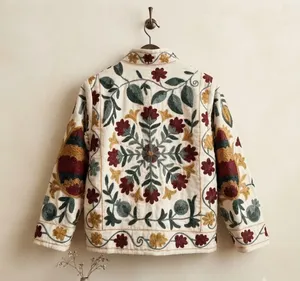 <b>Women</b> Ivory <b>Velvet</b> Suzani Embroidered <b>Jacket</b> with Floral Print Full Sleeve Stand Collar Bohemian <b>Women's</b> Autumn Outerwear - Product Image 3