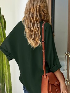 Women's Midi Korean Casual Natural Simple Long Sleeve V Neck Blouses for <b>Tunic</b> Office Latest Design - Product Image 4