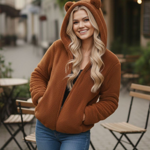 Women Brown Fleece Hooded Jacket With Bear Ears Zipper Closure Kangaroo Pockets Winter Warm Coat sherpa <b>fur</b> faux snow wear - Product Image 4