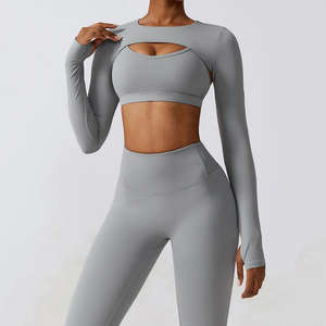 New Yoga Set Women 3 Piece Fitness Sportswear Long Sleeve Zip up Tops High Waist Gym Legging <b>Workout</b> Outfit with <b>jacket</b> - Product Image 2