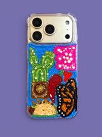 Coque de téléphone ronde brodée de perles argentées et feuilles d'or avec motif d'ailes en strass, faite à la main, protection pour femme