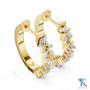 Custom Lab Grown CVD Baguette Diamond Herringbone Pattern Huggie Hoop <b>Earrings</b> 14K 18K Solid Gold Fine Women Jewelry Manufacture - Product Image 4