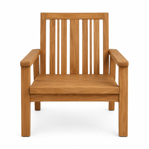 Fauteuil de jardin scandinave en teck massif avec dossier à larges lattes verticales, pieds sabre, confortable, écologique et durable - Product Image 1