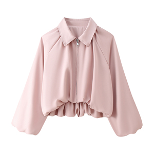 Débardeurs roses zippés pour femmes TRAMA SPORTS APPAREL, col montant, manches longues bouffantes, en polyester écologique uni, style décontracté en mousseline - Product Image 5