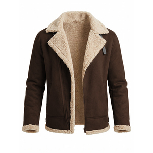 <b>Men's</b> <b>Black</b> Genuine Leather Shearling <b>Coat</b> Jacket Notched Collar Zipper Fleece Lined Winter <b>Coat</b> - Product Image 2