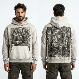 Sweat à capuche bicolore bordeaux délavé style streetwear avec motif Chevalier Duel Château pour homme, lavage vintage, tissu épais - Product Image 6