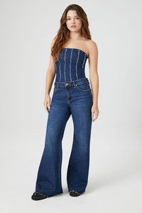 Women's Denim Strapless Tank <b>Top</b> With <b>Rhinestone</b> Beading Casual Style Solid Color Woven Fabric - Product Image 2