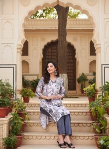 Ensemble Kurta et pantalon en coton imprimé numérique blanc et gris, col en V, coupe droite longueur mollet, tenue ethnique pour femme, tailles S à XXL - Product Image 4