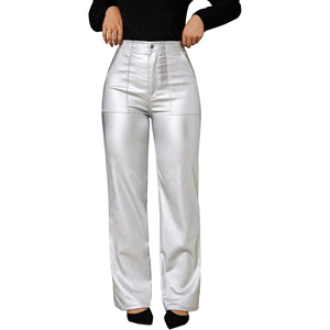 Pantalones de Cuero Genuino Transpirables y Ecológicos para Mujer, Cintura Alta, Corte Regular, Elásticos, Rectos, Casuales, para el Verano - Product Image 1