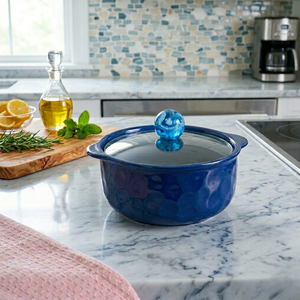 Blue Ceramic Rice <b>Bowl</b> with Lid Decorative Kitchen Serving <b>Bowl</b> with Unique resin Knob Lid for Rice <b>Curry</b> Soup Side Dish Serving - Product Image 2