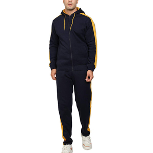 <b>Men's</b> Navy Blue Hooded Tracksuit With Yellow Stripes Full Zip Casual Sweatshirt And Pants <b>Set</b> Breathable Polyester - Product Image 1