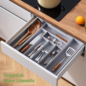 Organisateur de tiroir extensible en bambou, plateau à couverts, porte-ustensiles pour rangement de placard de cuisine, hôtel, restaurant, vente en gros - Product Image 5