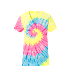 T-shirt décontracté d'été pour femme à col en V, tie-dye, manches courtes, coupe classique, en jersey 100 % coton, motif spirale bleu, rose, jaune - Product Image 4