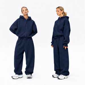 Chándal Azul Marino de Alta Calidad con Cremallera para Mujer, Logotipo Personalizado Serigrafiado, Corte Holgado, Estilo Hip Hop - Product Image 1