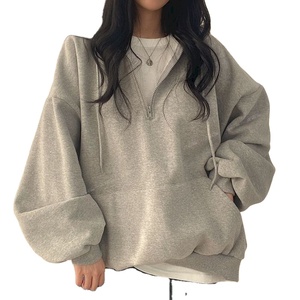 Sudadera con Capucha Oversize para Mujer, Gris Sólido, Hombros Caídos, Cierre Frontal con Cremallera, Transpirable, Tejido de Algodón y Fibra de Bambú, Estilo Otoñal - Product Image 6