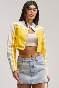 Splendid Apparel Veste de motard color block pour femme en cuir PU blanc et jaune, manches longues, col montant, fermeture éclair, respirante - Product Image 4