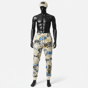 Haute qualité hommes survêtement pantalon doux polaire tissu Graffiti imprimer élégant côtelé genou personnalisé transfert de chaleur Logo lavé pantalons pour hommes - Product Image 1